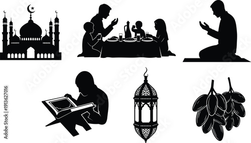 Ramadan silhouettes, mosque, family iftar, Quran reading, prayer devotion, fasting dates, lantern, crescent moon, Islamic culture, worship, spiritualitys