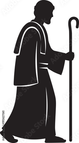 Ancient shepherd silhouette holding staff vector illustration biblical character line art