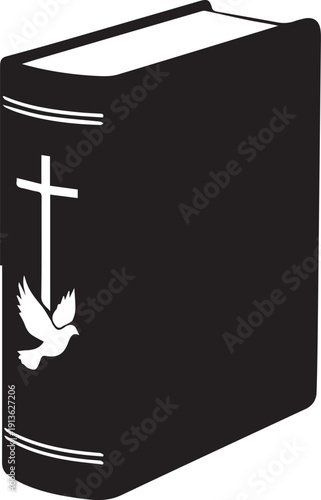 Holy bible book vector silhouette illustration with cross and dove symbols christian line art
