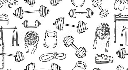Seamless pattern of gym equipment and sports accessories in a doodle style