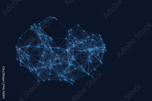 Abstract glowing digital neural network connections against a dark blue background, symbolizing data and technology
