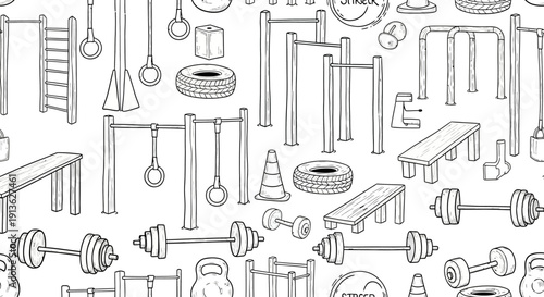 Gym equipment pattern, fitness apparatus and athletic training equipment, hand-drawn style