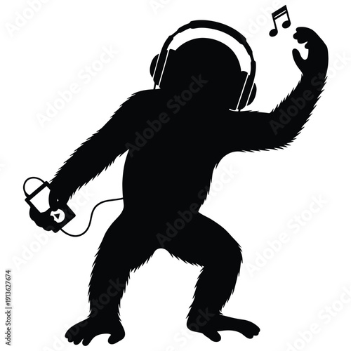 Silhouette of a monkey dancing with headphones and a smartphone