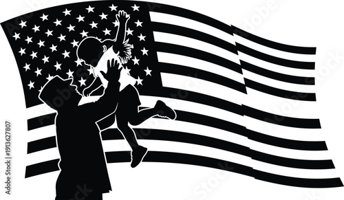 Patriotic black vector silhouette of American soldier father lifting child against waving USA flag background for military homecoming Veterans Day and army family reunion concepts.