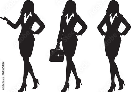 Three black silhouettes of confident businesswomen in professional suits and different poses