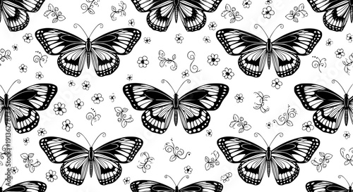 Intricate seamless vector pattern featuring delicate butterflies and floral motifs in monochrome, ideal for textiles, wallpapers, and decorative designs with a timeless aesthetic.