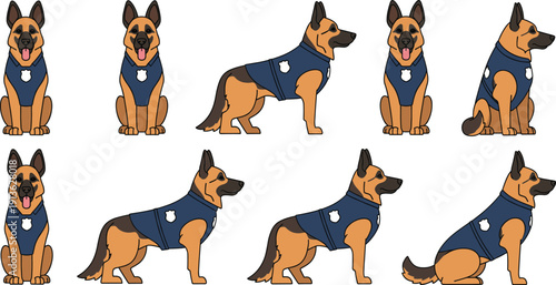 German Shepherd Police Dog Cartoon Character Set with Different Poses for K9 Unit Design, Law Enforcement Canine Flat Vector Illustration Collection