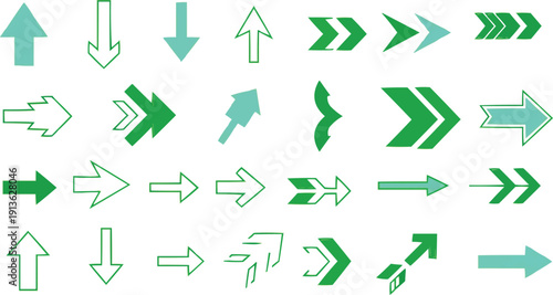 The described features include a diverse collection of arrow icons, designed in different styles and orientations, set against a clean