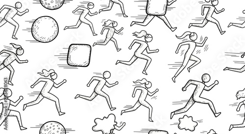 Running figures and abstract shapes pattern, simple sketch style on white background
