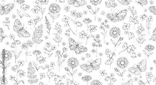 A charming hand-drawn vector pattern featuring delicate butterflies and wildflowers in a seamless, sketchy botanical illustration style, perfect for various design projects.