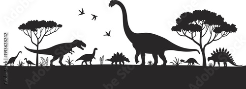 Prehistoric Dinosaur Silhouette Set with Tyrannosaurus Rex Brachiosaurus and Stegosaurus in Nature Landscape Isolated on White Background for Jurassic Park World Themed Graphic Design