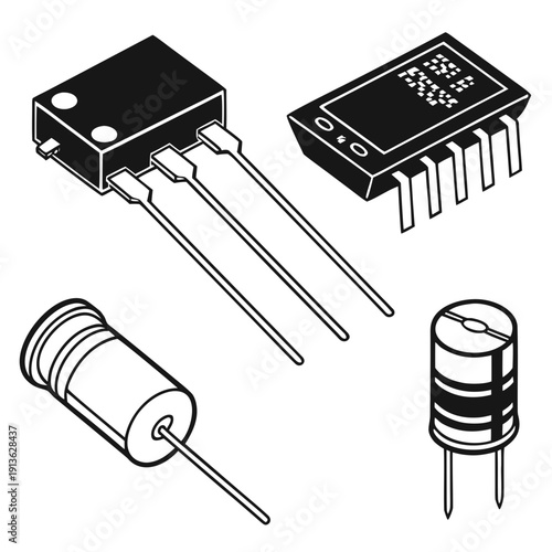 A close-up view of four electronic components