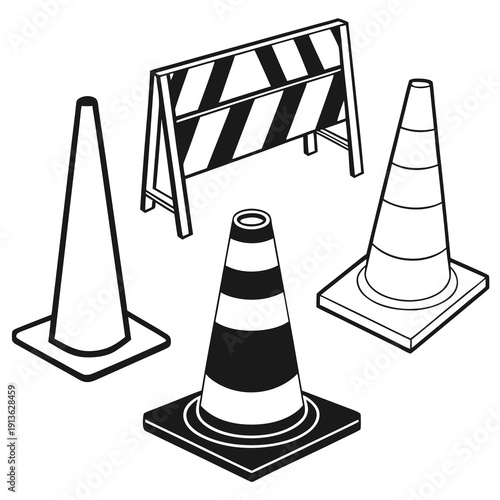 A set of traffic cones and a road barrier