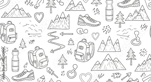 Outdoor Adventure Doodle Pattern - Hiking and Camping Elements Collection