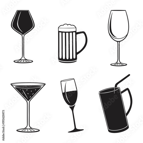 A set of six different types of drinking glasses