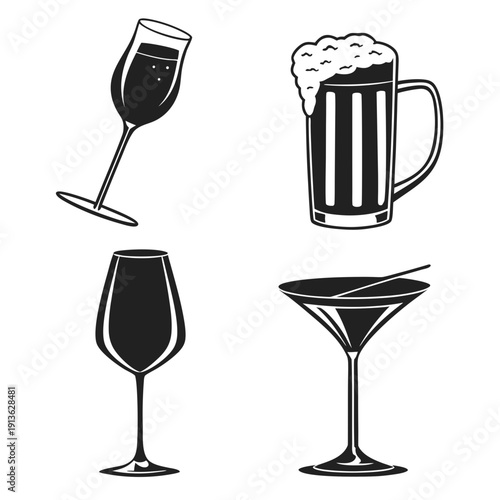 A set of four different glasses for drinks