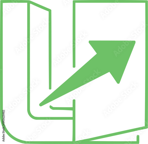 described features a green-colored door accompanied by a green arrow pointing diagonally upwards and to the right. 