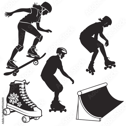 Silhouette of people skateboarding and rollerblading