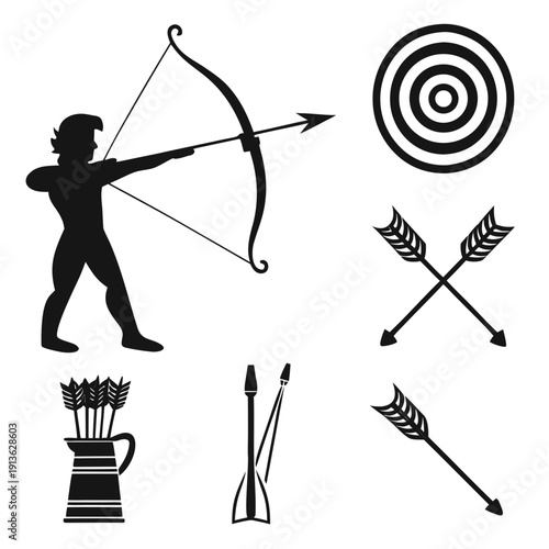 Archery silhouette with bow and arrows and target