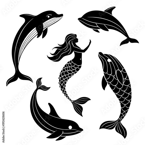 A mermaid surrounded by dolphins and whales in a circular formation