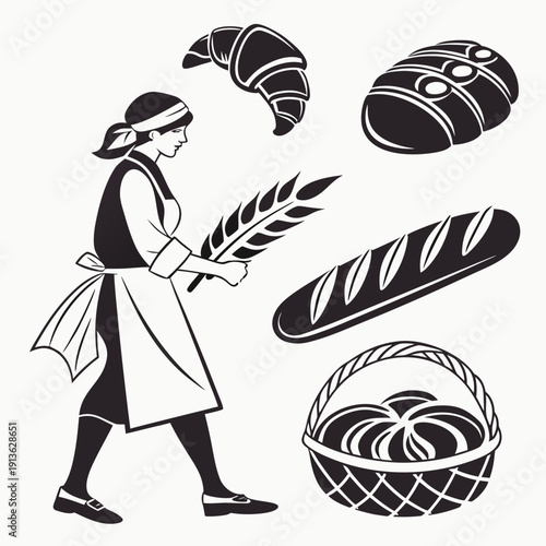A baker holds wheat with bread and pastries around