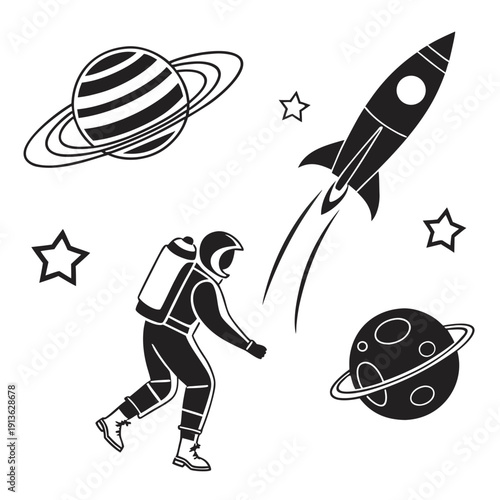 Astronaut in space with a rocket and planets