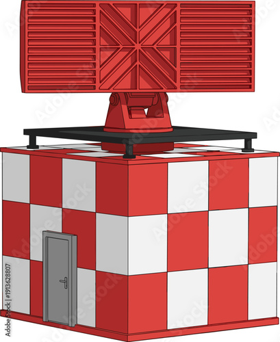 Red and white checkered radar station building with large antenna isolated on white background for airport air traffic control system vector illustration design