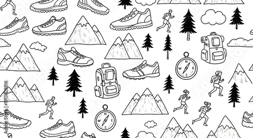 Outdoor Adventure and Hiking Seamless Pattern with Mountains, Backpacks and Shoes