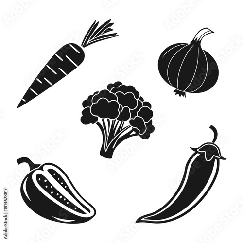A black and white image of various vegetables