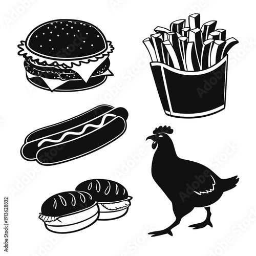 A black and white drawing of fast food and a chicken