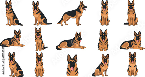 German Shepherd Dog Cartoon Character Set with Sitting, Standing and Lying Poses for Pet Design, Loyal Canine Flat Vector Illustration Collection