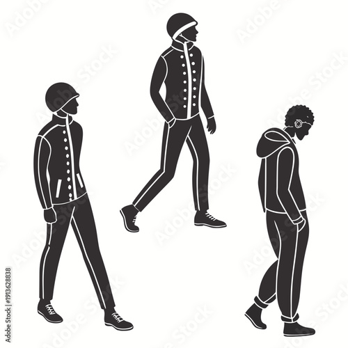 A black and white image of three men walking