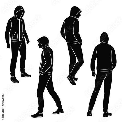 Four different poses of a man in a hoodie and jeans