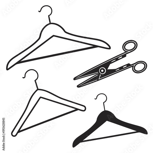 A drawing of hangers and a pair of scissors