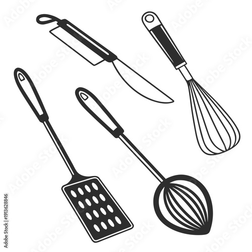 Kitchen utensils for cooking and preparing food