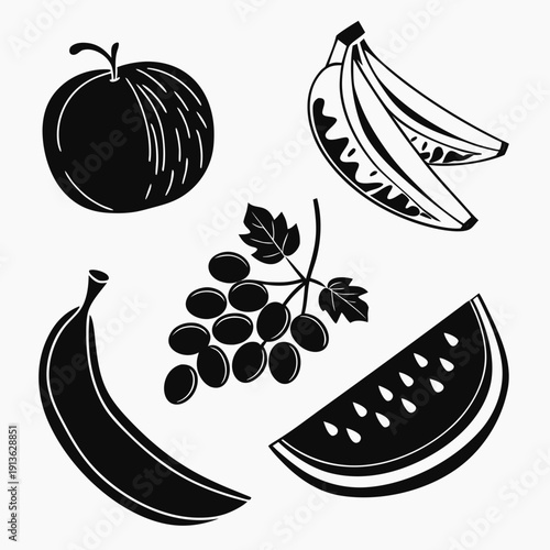 A black and white image of various fruits