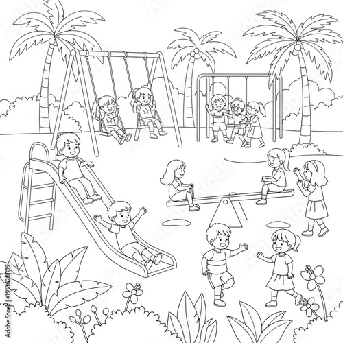Black and white line art illustration of children playing happily in a vibrant outdoor park with swings, slides, and a seesaw under palm trees.
