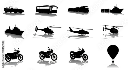 Collection of diverse transportation vehicle silhouettes with reflections.