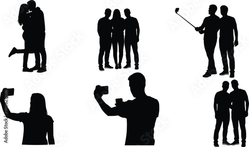 People taking selfies silhouettes set showing couples friends and group portraits with smartphones isolated on white background modern lifestyle social media vector illustration