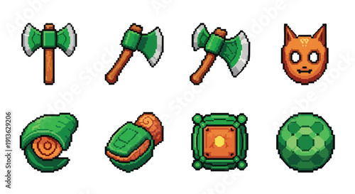 A collection of pixel art video game items including axes, a cat mask, scrolls, and magical artifacts, rendered in vibrant green and orange tones.