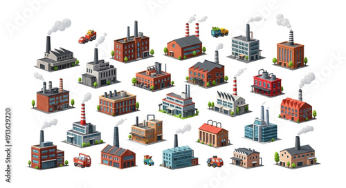 Collection of diverse industrial factory buildings with smoking chimneys.