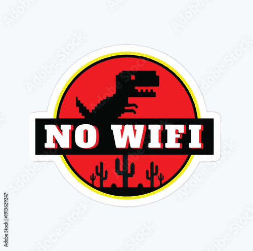 Pixelated dinosaur silhouette parodying a famous logo with bold lettering declaring no wifi connectivity underneath a circular red and yellow border design element