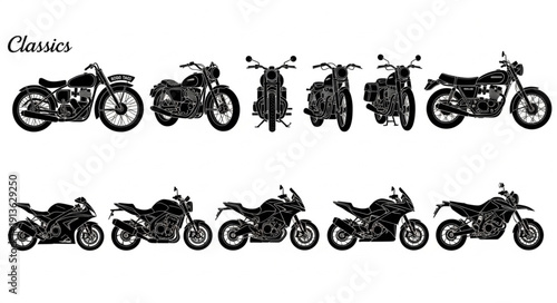 Collection of diverse motorcycle silhouettes in black and white.