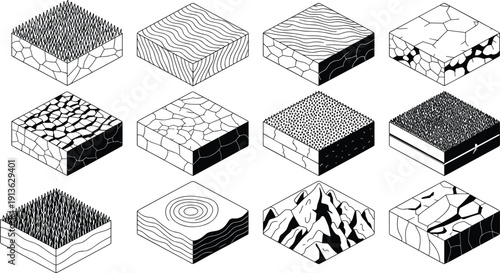 Black and white isometric terrain tiles set with grass, soil layers, stone textures, cracked ground and mountains, perfect for game maps, tilesets and UI icons.
