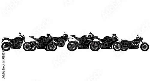 Collection of diverse motorcycle silhouettes lined up side by side.