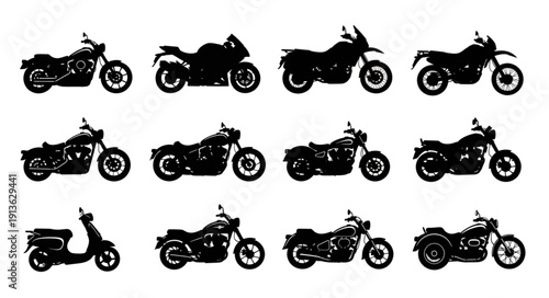 Collection of diverse motorcycle silhouettes on a white background.