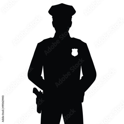 Silhouette of a police officer standing with a handgun at his side
