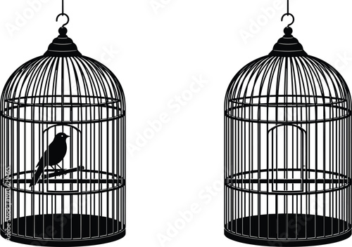 Set of black bird cage silhouettes showing one with bird inside and one empty with open door vector illustration isolated on white background