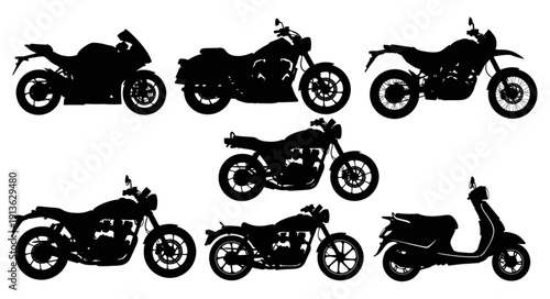 Collection of diverse motorcycle silhouettes on white background.