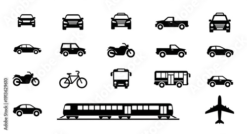 Collection of diverse transportation vehicle icons in silhouette.
